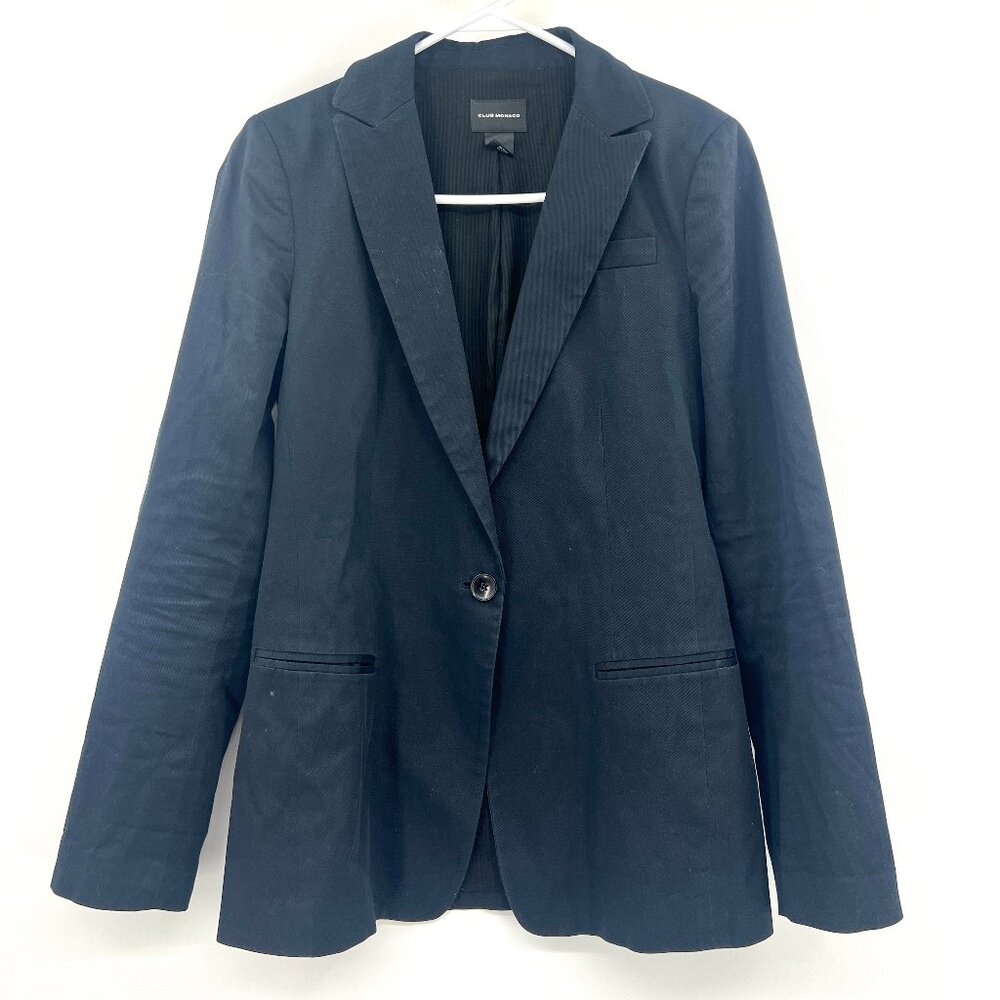 Club Monaco Navy Blue One Button Cotton Blend Blazer Women's 8
